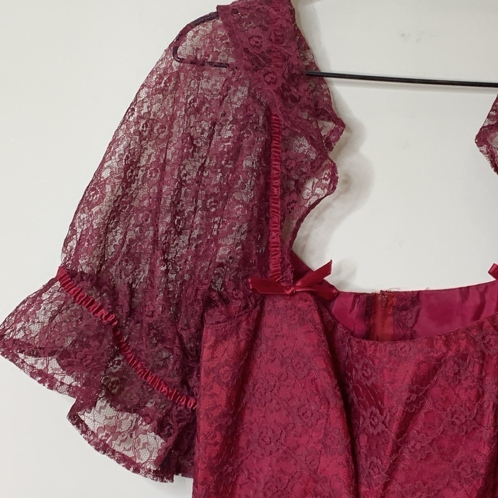 Vintage 70s 80s Crimson Lace Full Sweep Victorian Puff Sleeves Petticoat Gown S - Picture 16 of 17